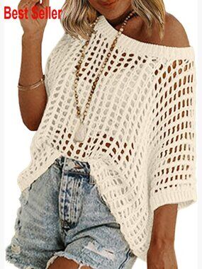 Short Sleeve Crochet Sweater Lightweight Summer Top Loose Crewneck Pullover